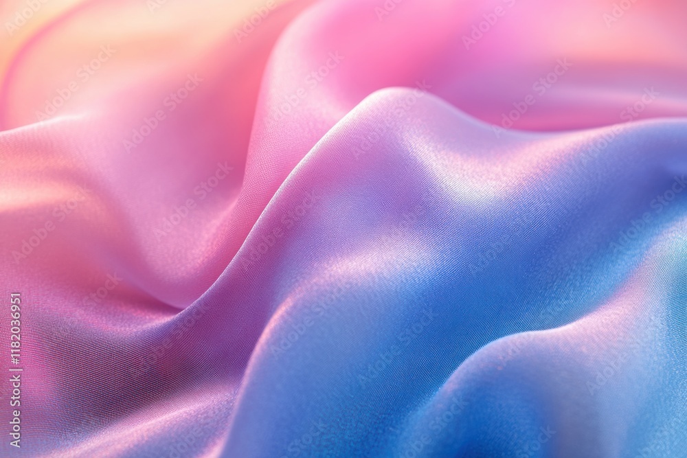 Obraz premium Close-up of holographic fabric with rainbow tones, satin-like texture, soft light, smooth gradients, vibrant and realistic detail.