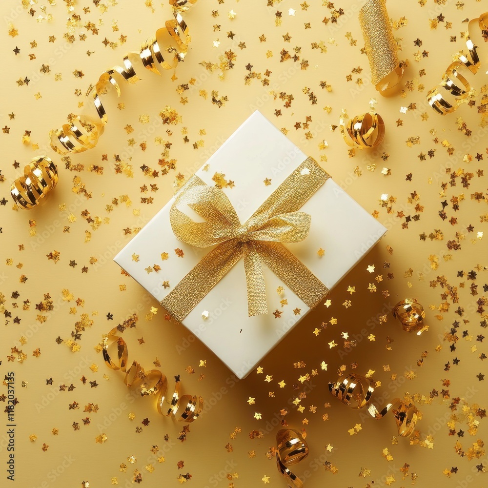 White gift box with gold ribbon and confetti. (1) White gift box with gold ribbon and confetti. (1)