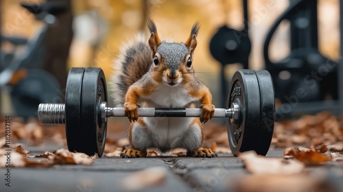 Cute squirrel lifting barbell against street background.