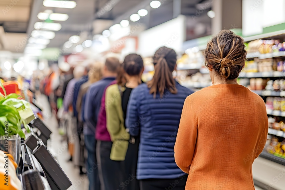 Shoppers Waiting in Line at Supermarket Checkout Shoppers Waiting in Line at Supermarket Checkout