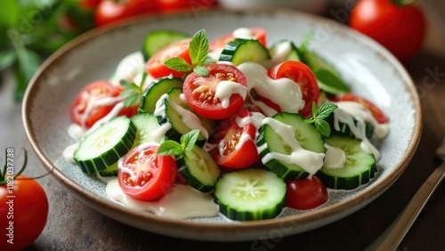 Cucumber and tomato salad with sour cream, fresh cucumber and tomato salad, light salad with sour cream dressing on a large white plate
