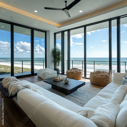 Luxurious beachfront condo with expansive balcony and ocean views. Relaxing interior design with natural light photo