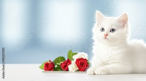 Fluffy White Kitten with Red and White Roses - Adorable white kitten poses gracefully near a bouquet of red and white roses, symbolizing purity, love, beauty, elegance, and springtime. photo