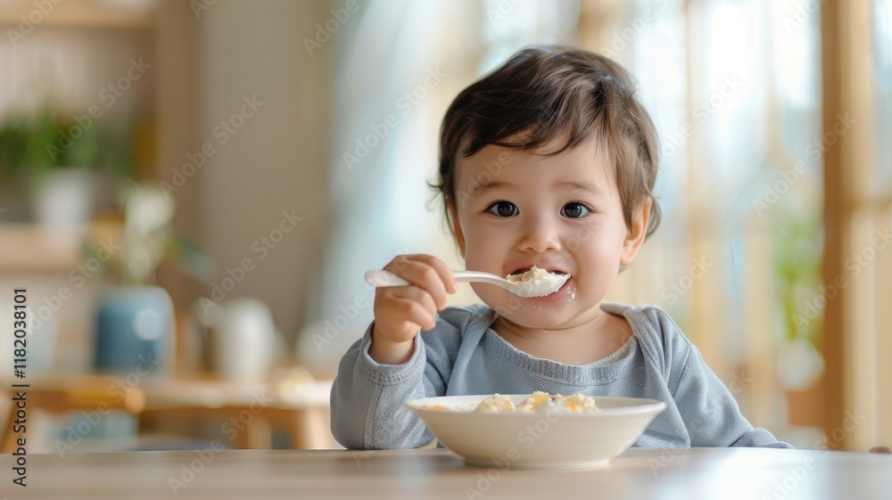 A cheerful toddler enjoys a bowl of food, smiling brightly, in a cozy, well-lit kitchen setting. A cheerful toddler enjoys a bowl of food, smiling brightly, in a cozy, well-lit kitchen setting.