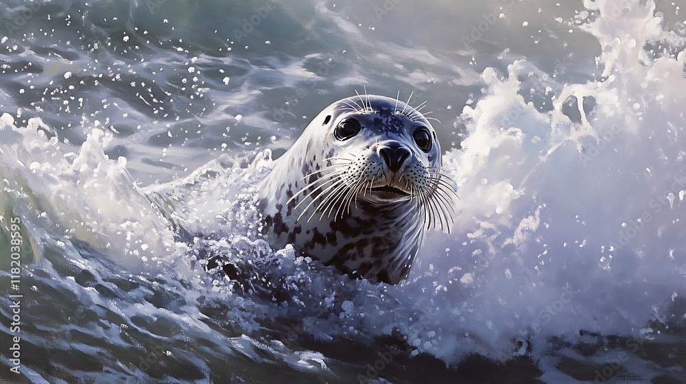 Obraz premium Harbor seal emerging from ocean waves, close-up.