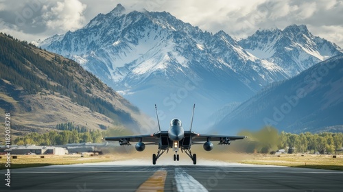 Two military fighter jets are taking off from a runway in a mountainous landscape.