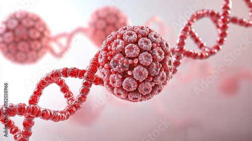 A close-up depiction of DNA strands intertwined with spherical virus-like structures, showcasing intricate biological design.