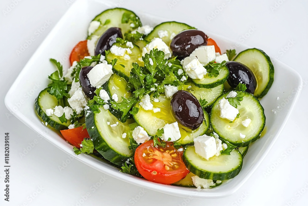 refreshing cucumber salad with feta cheese, olives, and tomatoes, garnished with fresh herbs. Perfect for light meal or side dish refreshing cucumber salad with feta cheese, olives, and tomatoes, garnished with fresh herbs. Perfect for light meal or side dish