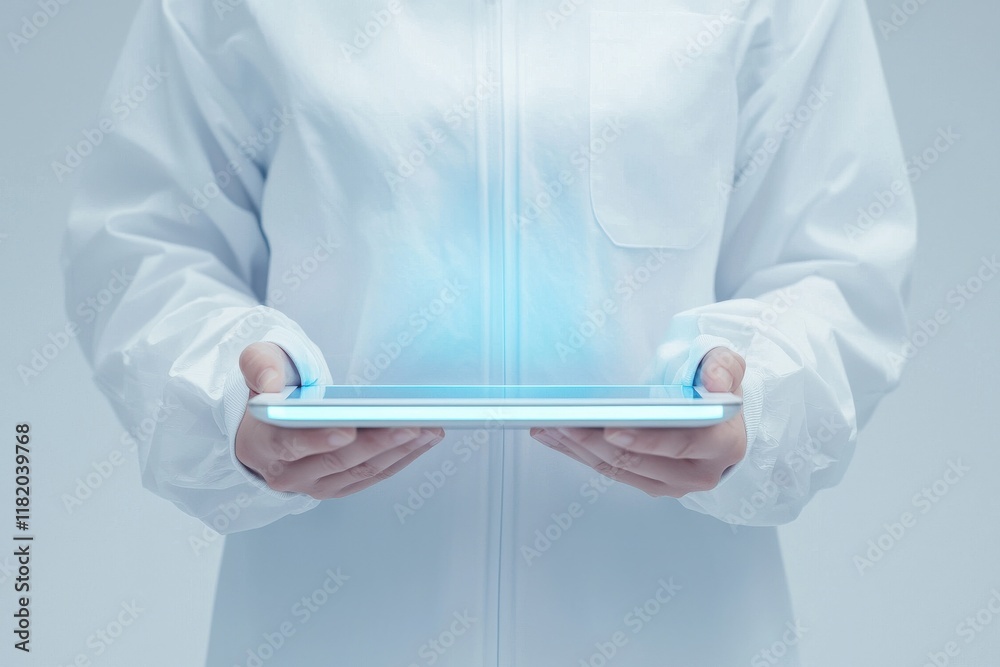 A person in a white coat holds a tablet emitting a blue light, symbolizing technology, innovation, and digital interaction. A person in a white coat holds a tablet emitting a blue light, symbolizing technology, innovation, and digital interaction.