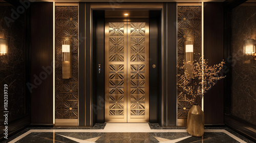 Elegant Interior of Luxury Elevator with Golden Doors and Decor