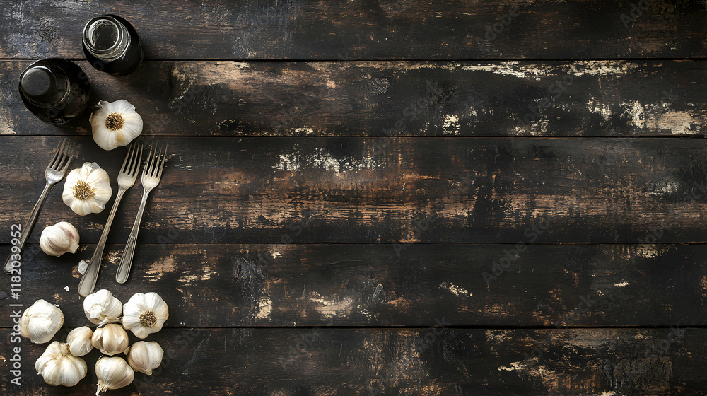 Naklejka premium Rustic dark wooden background with garlic cloves, vintage forks, and small glass bottles. Perfect for food blogs, recipe websites, or culinary-themed projects.