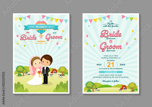 Cute farm barn and cow wedding invitation card template vector illustration