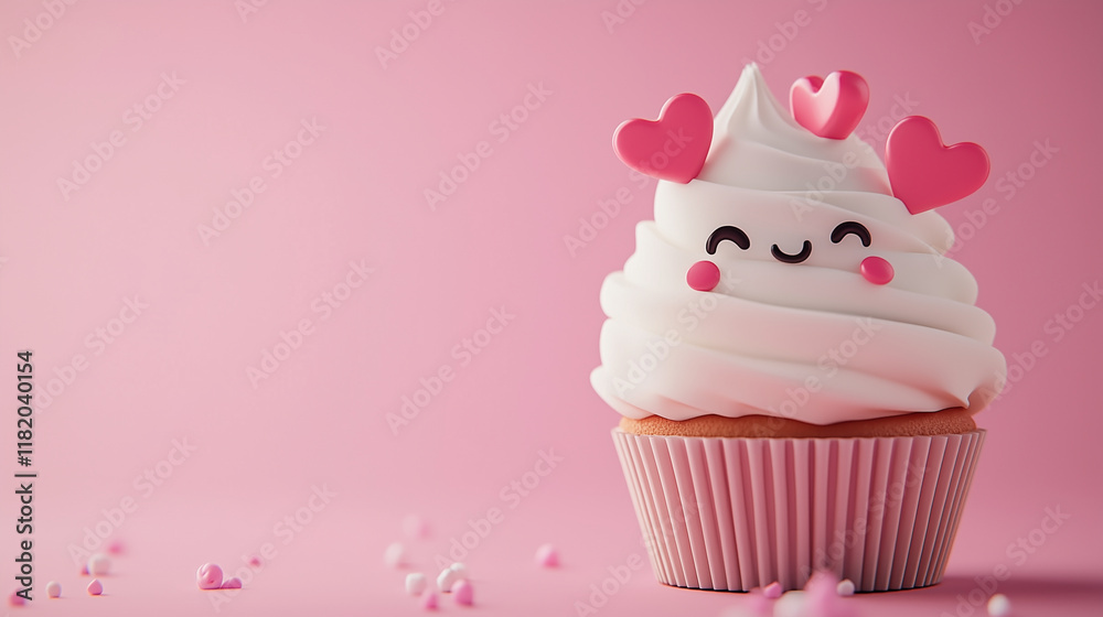 valentines day playful cartoon cupcake with heart shape sprinkles on pink background, banner design concept with copy space for text valentines day playful cartoon cupcake with heart shape sprinkles on pink background, banner design concept with copy space for text