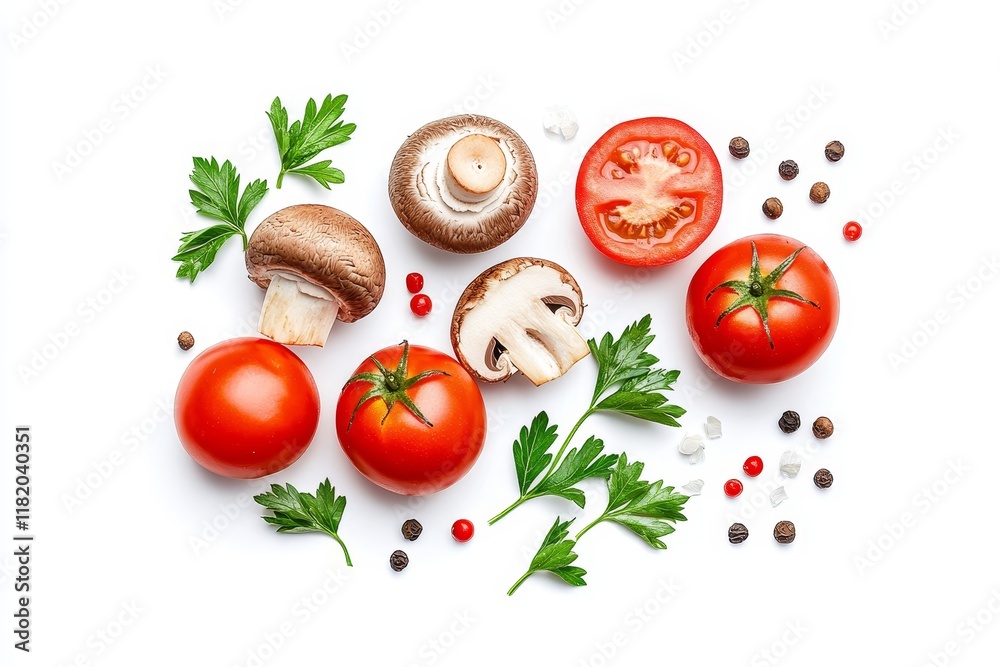 Fresh Mushrooms and Tomatoes with Herbs - Vibrant image of fresh mushrooms, tomatoes, parsley, peppercorns and salt. Symbolizing freshness, health, cooking, flavor, and abundance. Fresh Mushrooms and Tomatoes with Herbs - Vibrant image of fresh mushrooms, tomatoes, parsley, peppercorns and salt. Symbolizing freshness, health, cooking, flavor, and abundance.