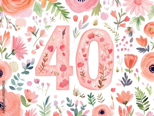 A floral-themed birthday card design featuring the number 40 surrounded by watercolor patterns