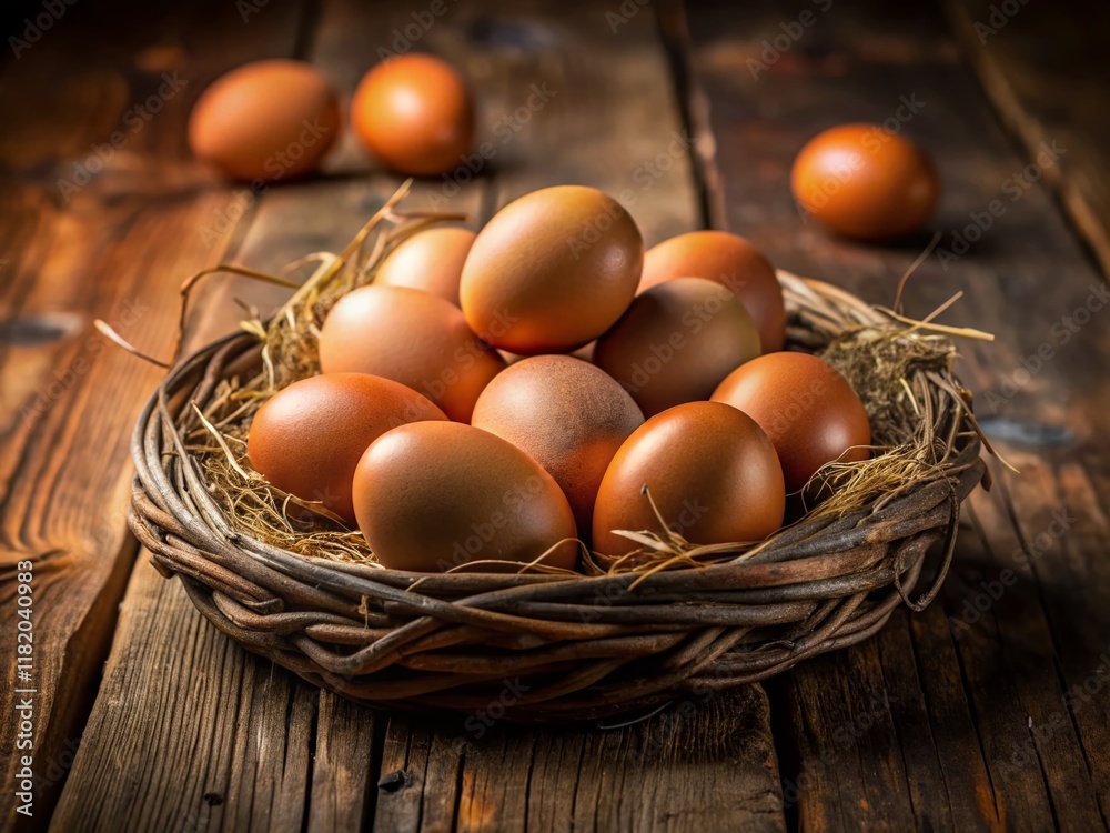 Rustic Cage-Free Country Eggs on Brown Wooden Background - Farm Fresh Rustic Cage-Free Country Eggs on Brown Wooden Background - Farm Fresh