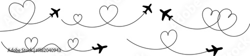 Set of airplane icons with continuous lines in heart shape. Symbolic illustration is perfect for Valentine's Day or love stories with travel theme. Vector EPS 10