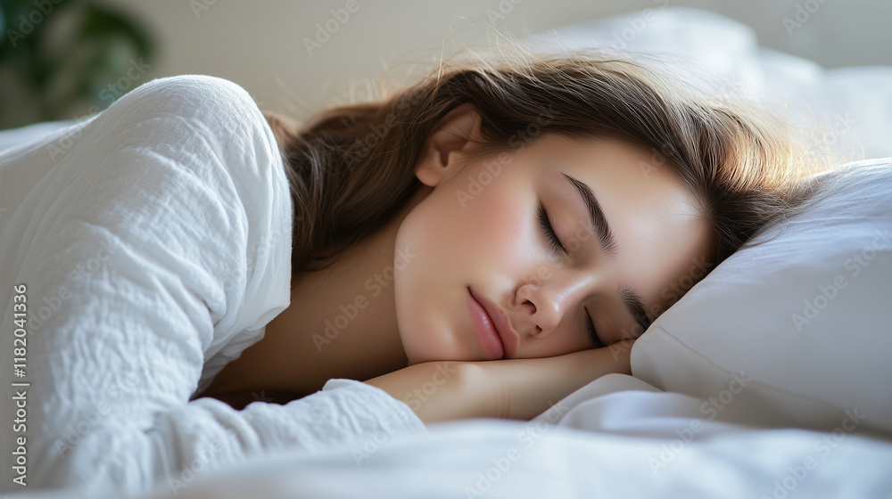 Peaceful young woman resting deeply, sleeping soundly on soft white bedding, embodying tranquil nighttime serenity Peaceful young woman resting deeply, sleeping soundly on soft white bedding, embodying tranquil nighttime serenity