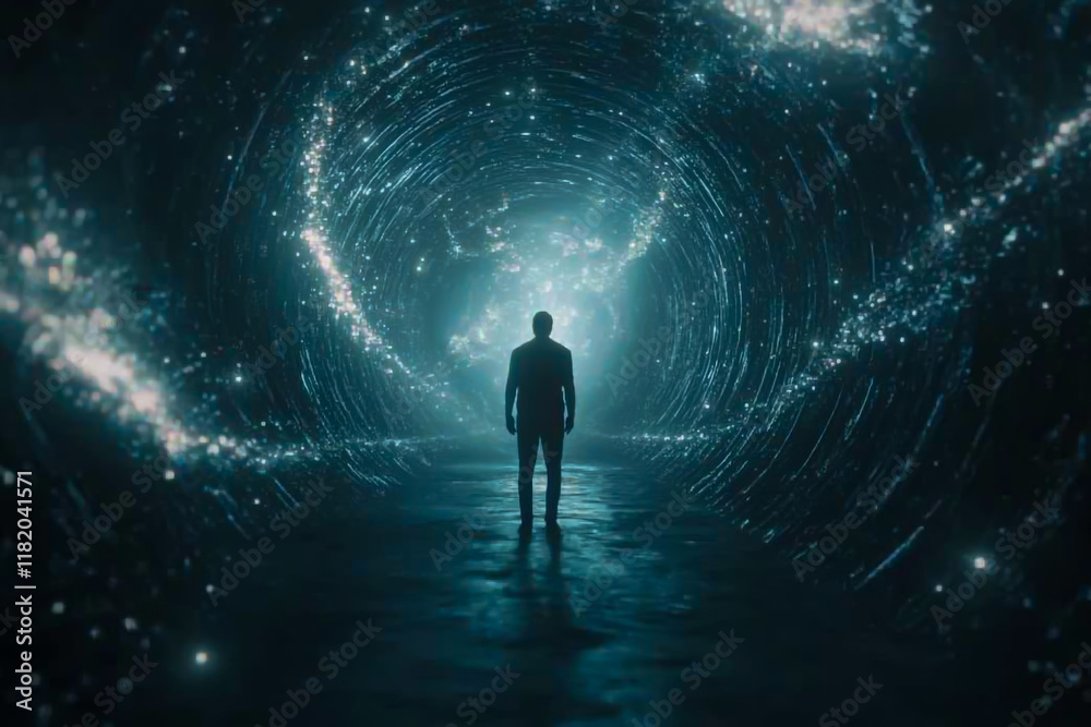 A man stands in the center of an endless, shadowy tunnel surrounded by darkness and mystery. A man stands in the center of an endless, shadowy tunnel surrounded by darkness and mystery.