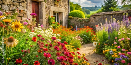 Wallpaper Mural Rustic Country Garden with Blooming Flowers and Copy Space - Charming Cottagecore Scene Torontodigital.ca