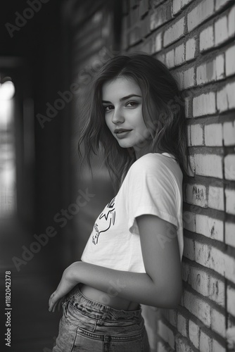 Young Woman Posing Elegantly Against Brick Wall in Black and White
