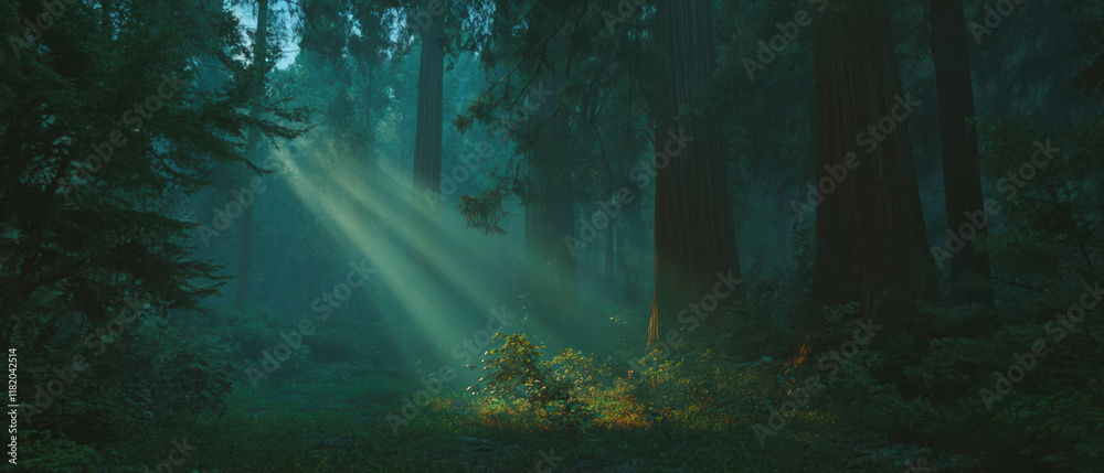 Obraz premium Sunlight filters through ancient redwoods creating a mystical atmosphere in the forest