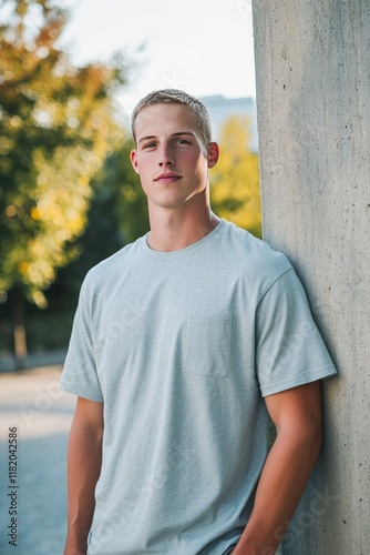 Young Male Model Posing Outdoors Against Concrete Wall