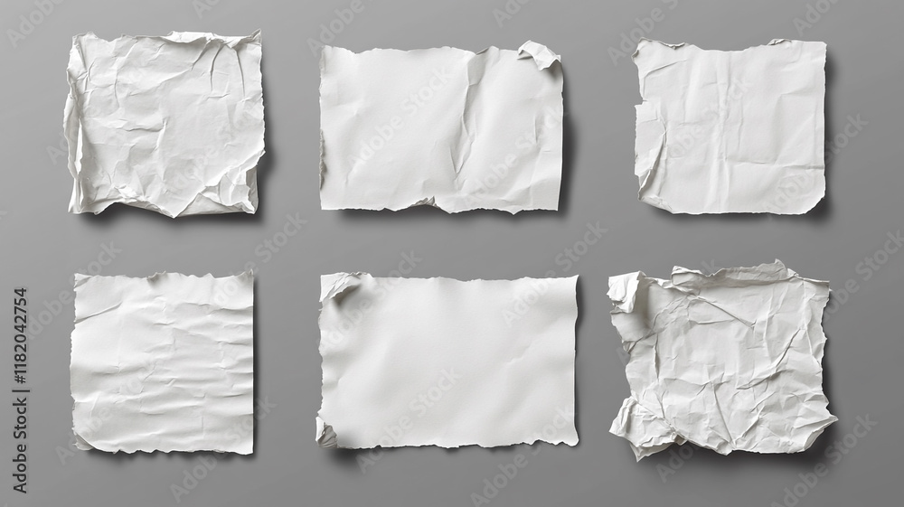 Set of white blank torn paper isolated on a grey background Set of white blank torn paper isolated on a grey background