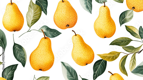A pattern featuring yellow pears and green leaves on a white background