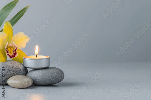 serene setup featuring smooth stones, lit tealight candle, and vibrant yellow orchid flower, creating calming atmosphere for relaxation and mindfulness