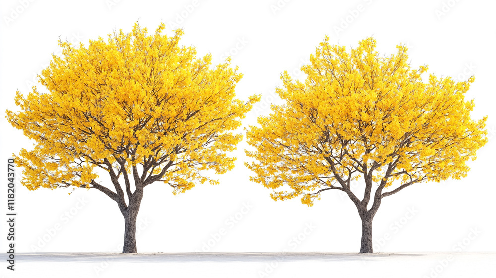 yellow blooming trees isolated on a white background yellow blooming trees isolated on a white background