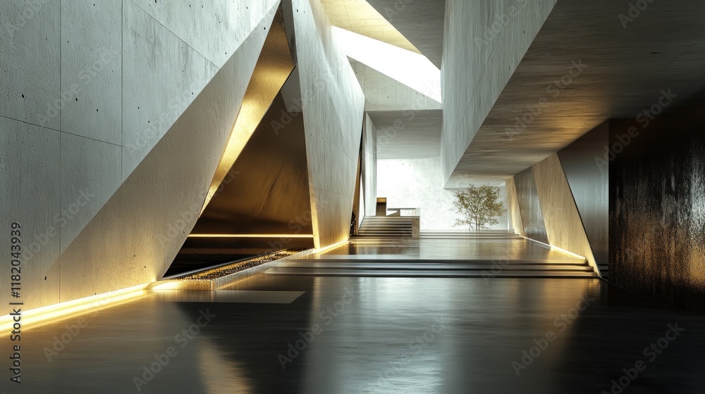 custom made wallpaper toronto digitalModern minimalist concrete interior with geometric design, lighting, and water feature.