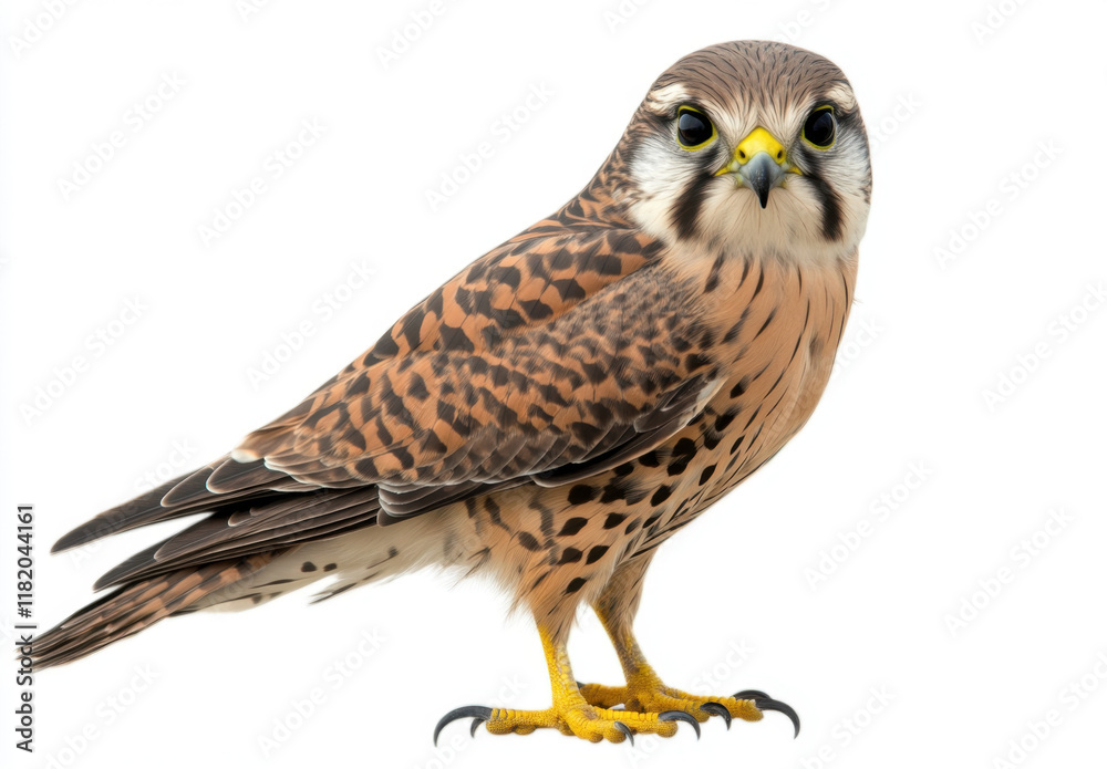 Obraz premium A vibrant falcon stands on a surface, displaying intricate feather patterns and a keen expression. Its yellow talons contrast with its brown and cream plumage, revealing the beauty of this bird.