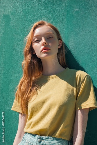Young Woman with Long Hair Posing Against Vibrant Green Background