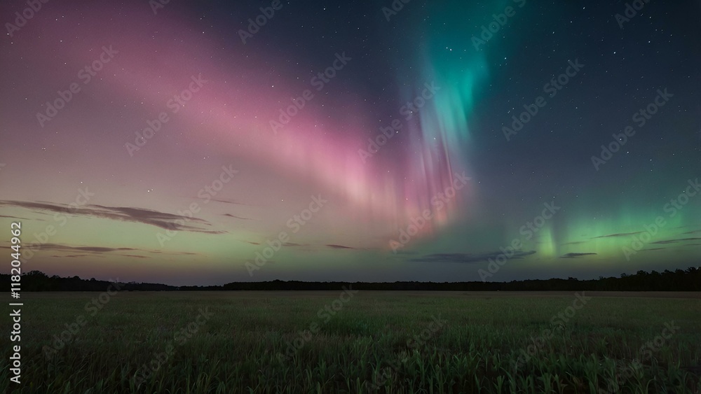 Fototapeta premium The golden sunlight paints the sky with hues of orange and pink as the sun dips below the horizon, casting long shadows across the green grass of the rural meadow