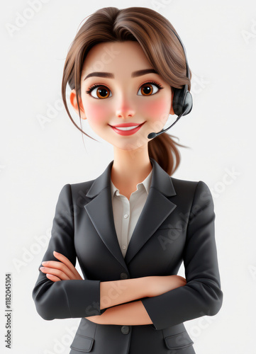 3D illustration of a businesswoman in a cartoon style in neutral colors with copy space
