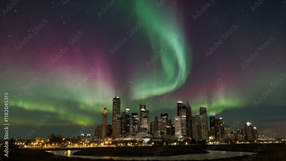 Obraz premium A vibrant cityscape with towering skyscrapers illuminated against a dramatic night sky, a breathtaking rainbow arching over the urban jungle