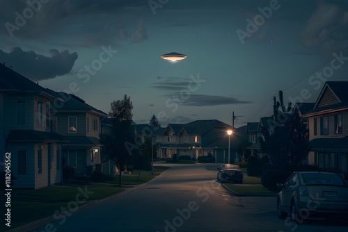 Mysterious UFO hovering over a suburban neighborhood at night photo