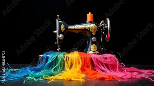 Vintage sewing machine, rainbow fabric spilling out, vibrant colors, black background fashion design inspiration, eye-catching still life, textile art, flowing fabric, prismatic colors