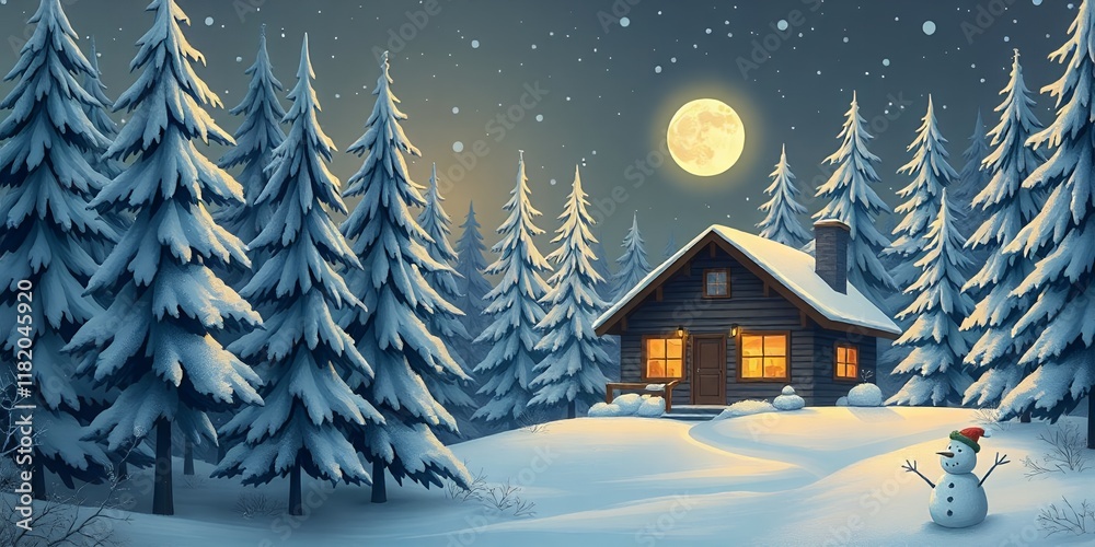 Fototapeta premium Cozy Winter Cabin in Snowy Forest Full Moon Night