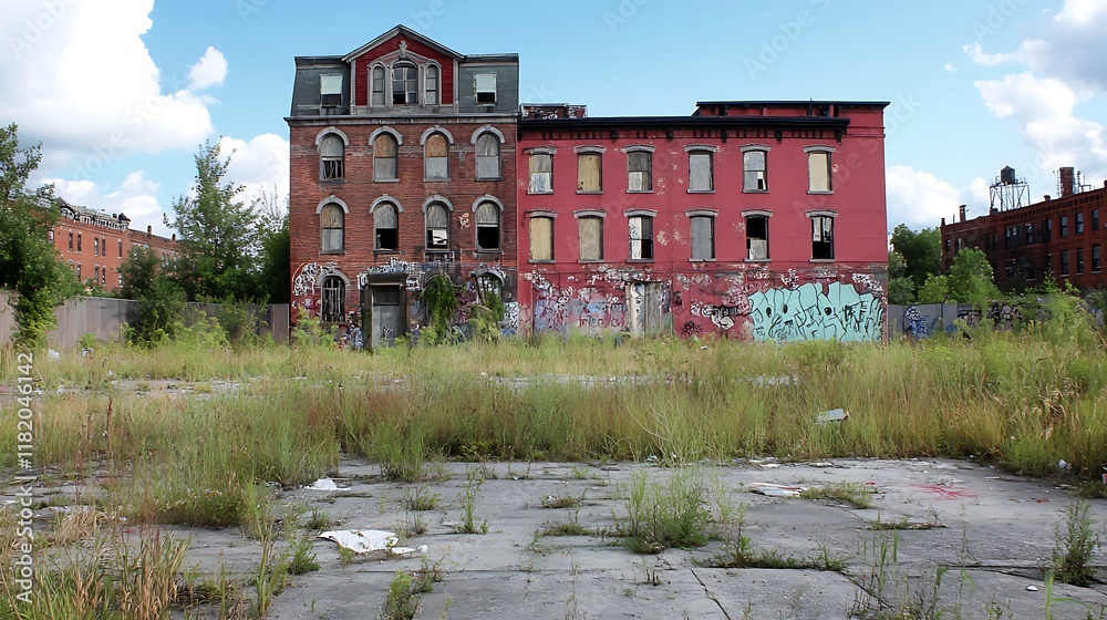 Overgrown lot with dilapidated buildings. Overgrown lot with dilapidated buildings.