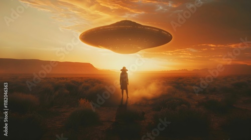 Mysterious craft hovers above desert landscape at sunset creating an eerie atmosphere