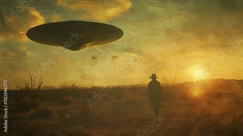Mysterious silhouette of a cowboy under a hovering UFO at sunset