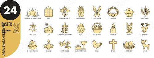 Set of Easter holiday thin line icons with light yellow fill. Eggs, bunny, resurrection, lamb, church, palm, flowers, cross, cake, prayer, wreath chick, candle, butterflies, dove, vector illustration