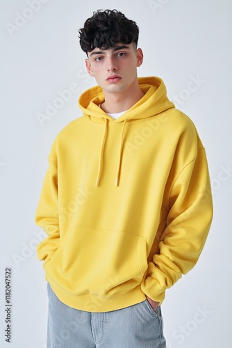 Young Man in Yellow Hoodie Stands Against Simple Background