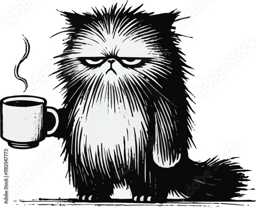 Mürrische Katze mit Kaffeetasse