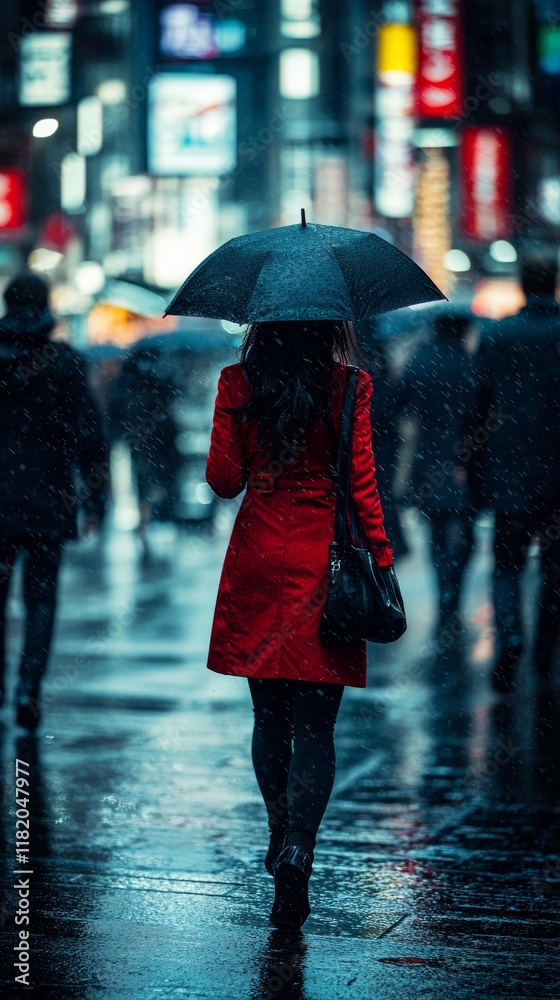 Obraz premium Elegant woman in a red coat walking in a rainy city street at night with reflections of lights and urban traffic in the background