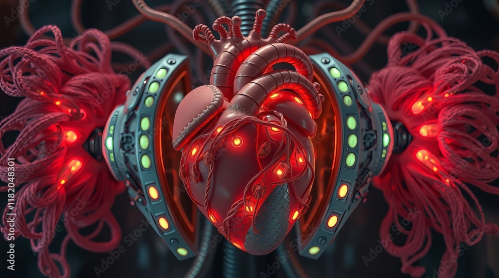 Fototapeta premium A mechanical heart pulsates with red light, wires and tubes intertwined.