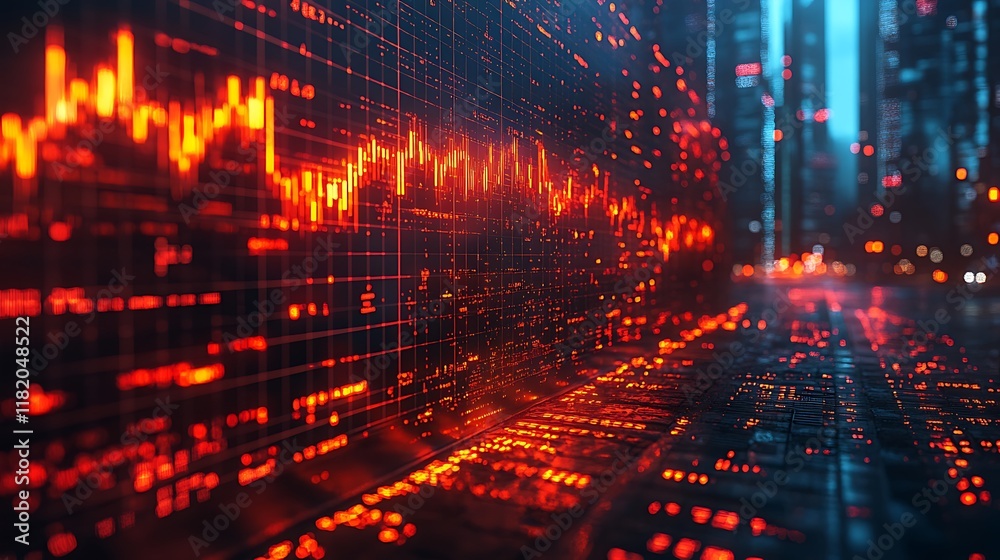 Obraz premium Cyberpunk Cityscape: Digital Stock Market Data Wall