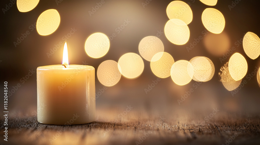 softly glowing candle illuminates warm atmosphere with blurred lights in background, creating serene and peaceful ambiance perfect for relaxation softly glowing candle illuminates warm atmosphere with blurred lights in background, creating serene and peaceful ambiance perfect for relaxation